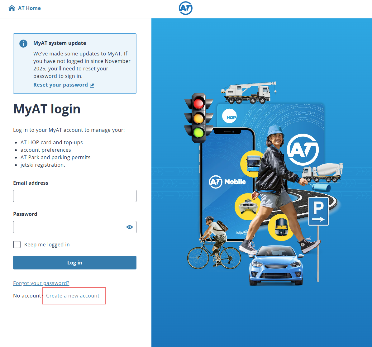 MyAT 登录页面，红框标注 Create a new account