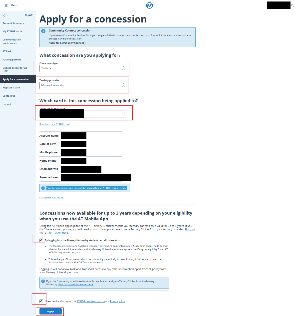 Apply for a concession 页面：选择 Tertiary + Massey University，勾选两个授权复选框，点击 Apply