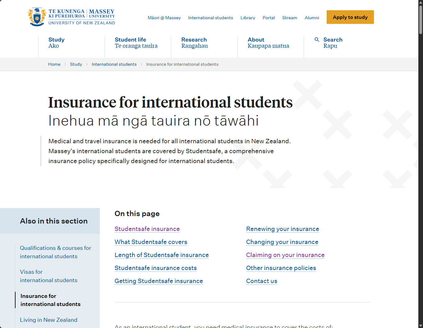 梅西大学 Insurance for international students 页面，Claiming on your insurance 链接