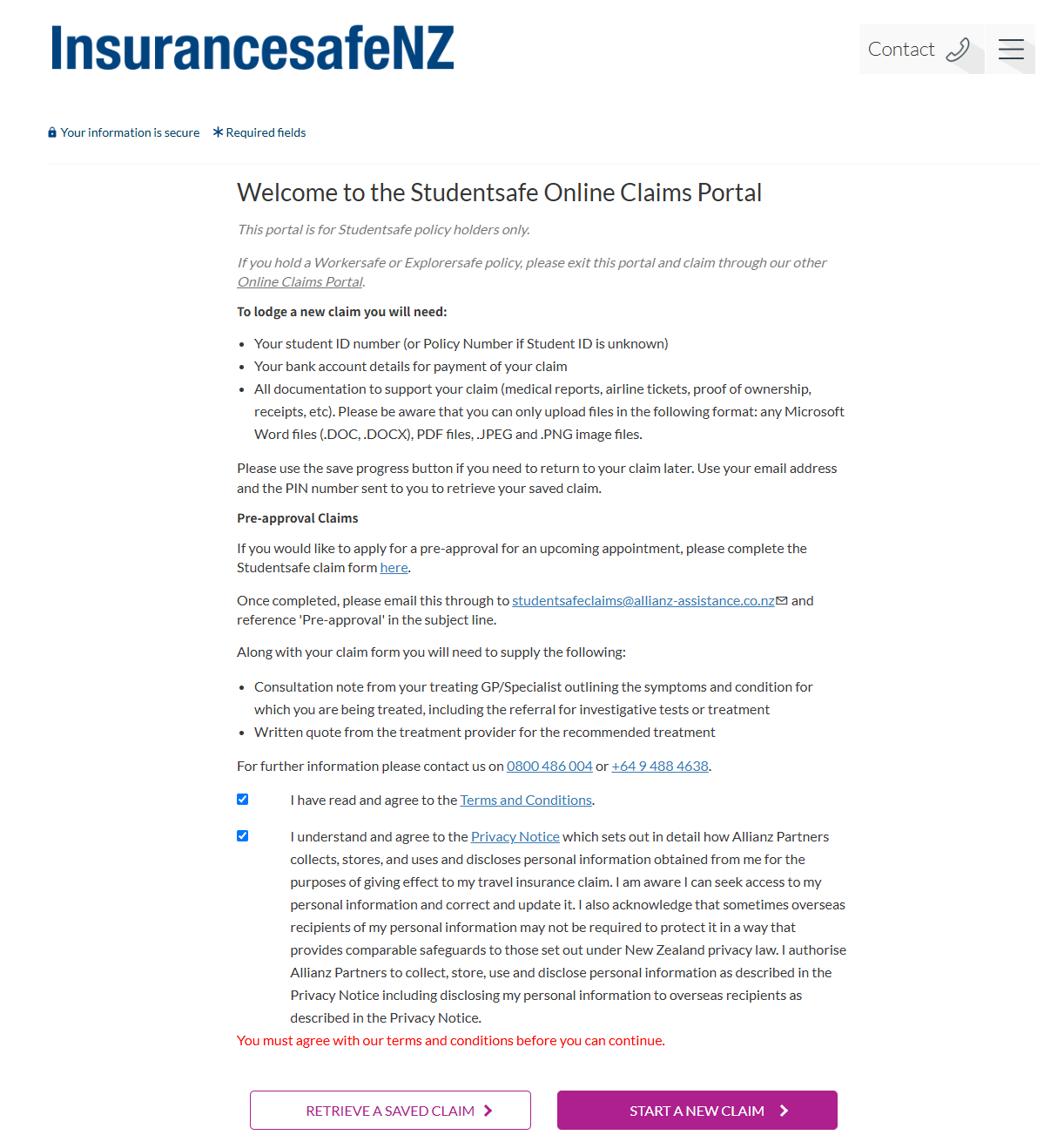 Studentsafe Online Claims Portal 欢迎页，勾选同意后点击 START A NEW CLAIM