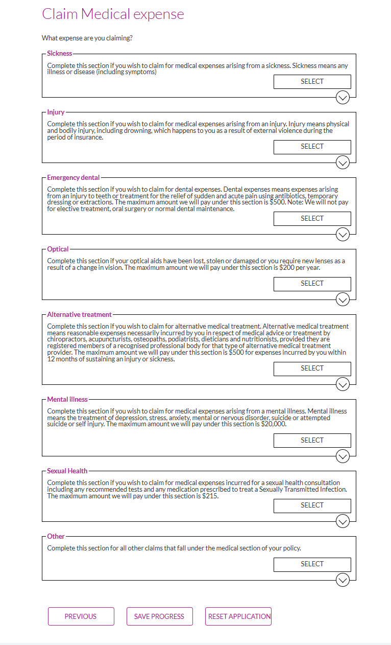 Claim Medical expense 类别列表