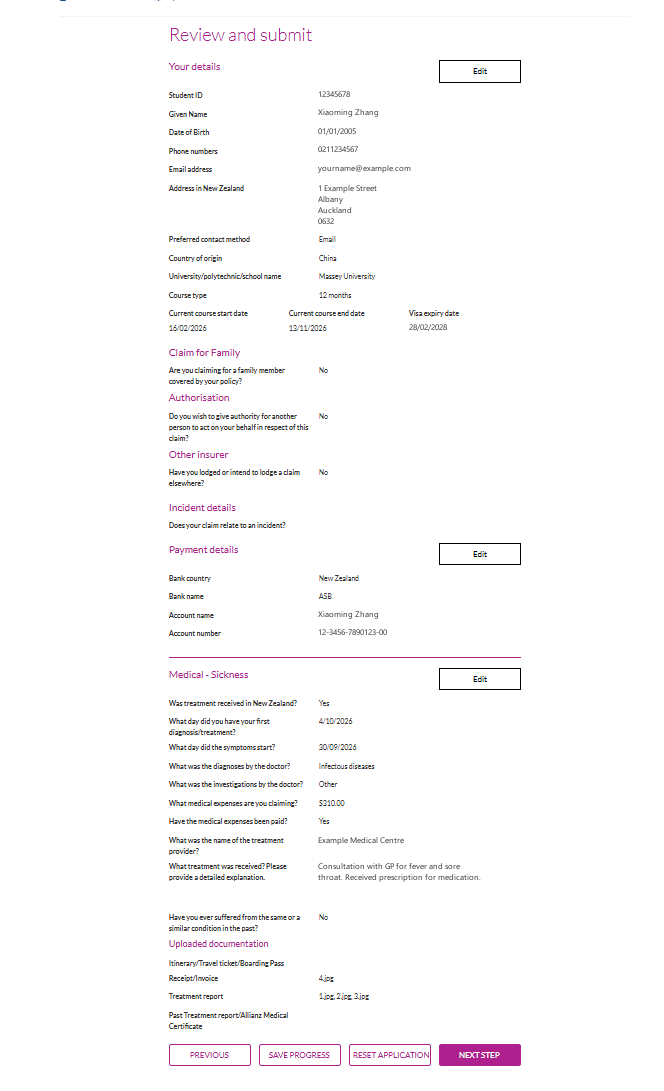 Review and submit 复核页（示例信息）